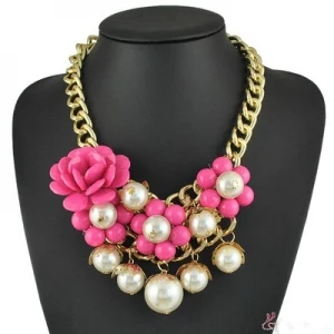 hawaii flower gold long chain statement pearl necklace ZN005