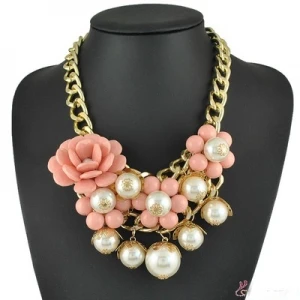 hawaii flower gold long chain statement pearl necklace ZN005