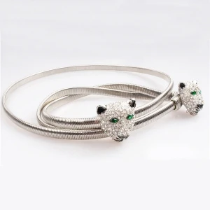 new silver tiger head rhinestone women elastic sash belt BT60001