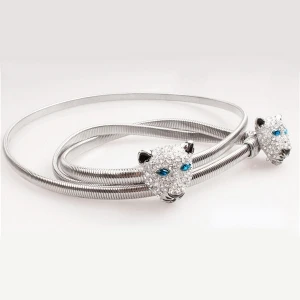 new silver tiger head rhinestone women elastic sash belt BT60001