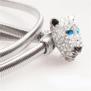new silver tiger head rhinestone women elastic sash belt BT60001