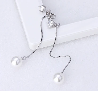 18K White plated long earring for women CZ Pearl earrings for women wedding Silver earring manufacturer