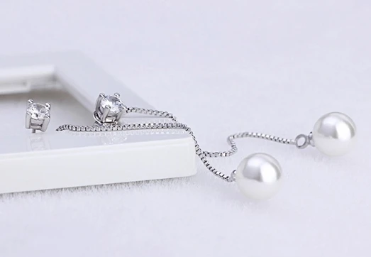 18K White plated long earring for women CZ Pearl earrings for women wedding Silver earring manufacturer