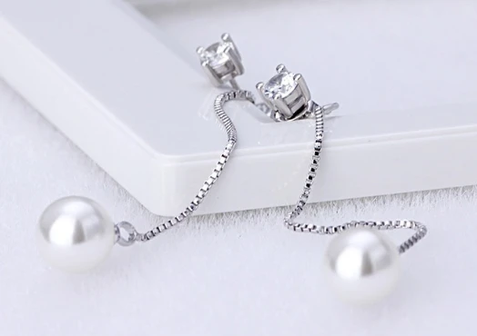 18K White plated long earring for women CZ Pearl earrings for women wedding Silver earring manufacturer