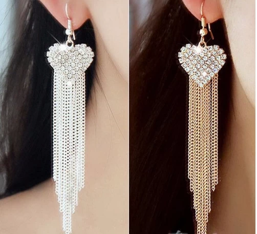 China 2018 Fashion Vintage Crystal Heart Hanging Earrings Long Tassel Gold/ Silver Color Drop Earrings For Women Jewelry Hersteller