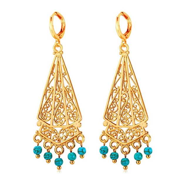 China 2018 Hot Vintage Earrings Women Indian Jewelry 18K Gold Plated Turquoise Chandelier Drop Earrings Hersteller