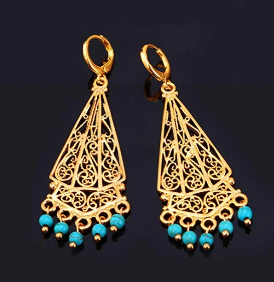 2018 Hot Vintage Earrings Women Indian Jewelry 18K Gold Plated Turquoise Chandelier Drop Earrings