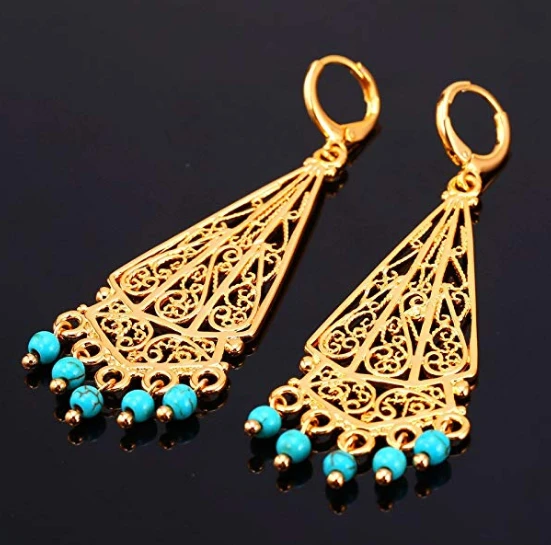 2018 Hot Vintage Earrings Women Indian Jewelry 18K Gold Plated Turquoise Chandelier Drop Earrings