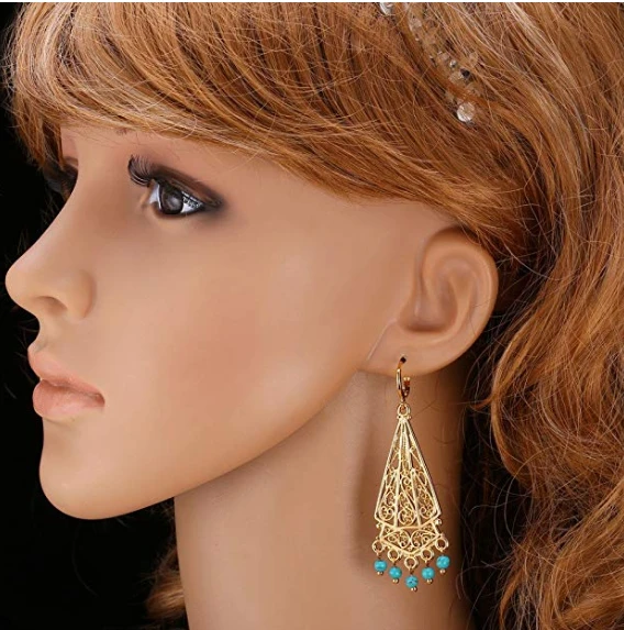 2018 Hot Vintage Earrings Women Indian Jewelry 18K Gold Plated Turquoise Chandelier Drop Earrings