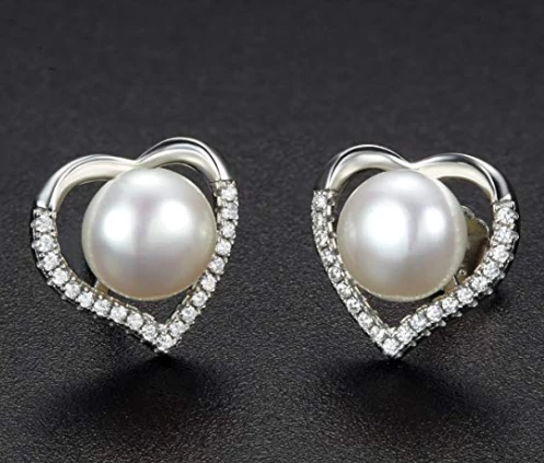 925 Sterling Silver Heart shaped  Earrings with Diamonds and Pearls for Woman