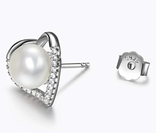 925 Sterling Silver Heart shaped  Earrings with Diamonds and Pearls for Woman