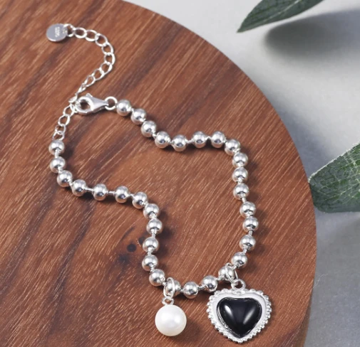 Black agate love pearl 925 sterling silver bracelet manufacturer