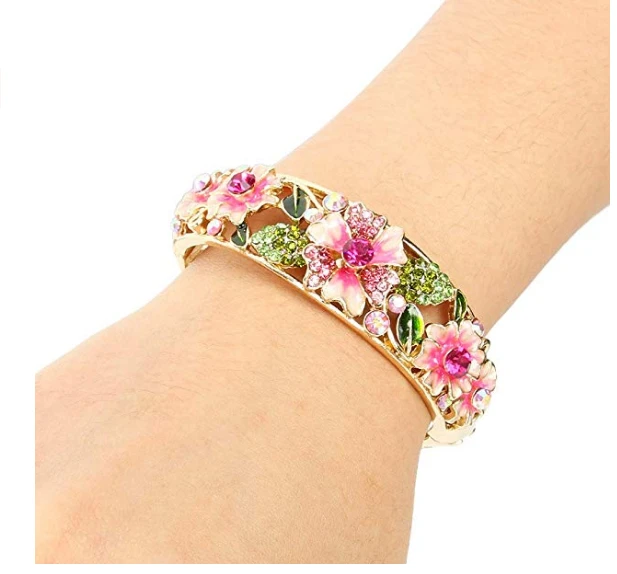 Bracelet Wholesale Jewelry Fashion Bracelet Women's Gold-tone Austrian Crystal Enamel Flower Leaf Bangle