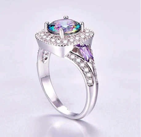 China Wholesale 925 Sterling Silver Round Created Rainbow Topaz Ring for Woman