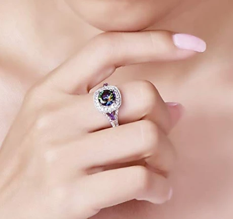 China Wholesale 925 Sterling Silver Round Created Rainbow Topaz Ring for Woman