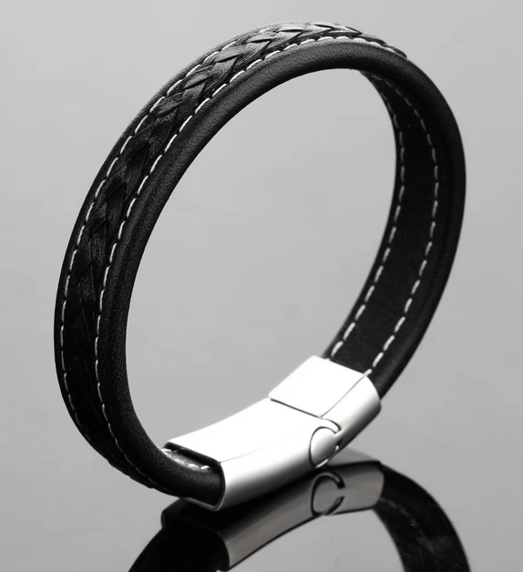 China China Wholesale Fashion black Mens jewelry Genuine Leather bracelet with Stainless steel buckle manufacturer