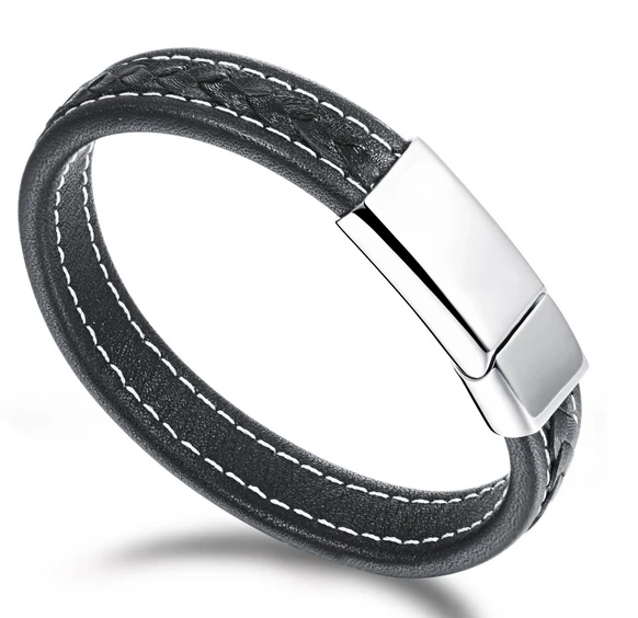 China Wholesale Fashion black Mens jewelry Genuine Leather bracelet with Stainless steel buckle