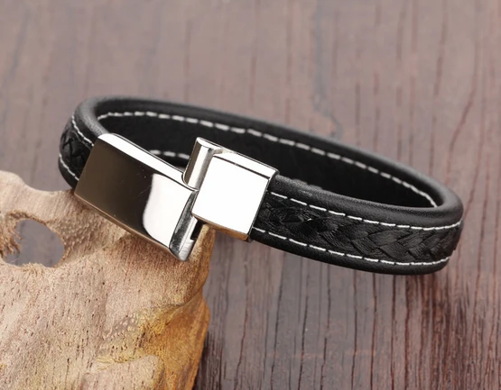 China Wholesale Fashion black Mens jewelry Genuine Leather bracelet with Stainless steel buckle