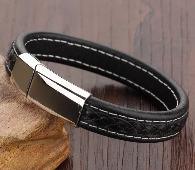 China Wholesale Fashion black Mens jewelry Genuine Leather bracelet with Stainless steel buckle