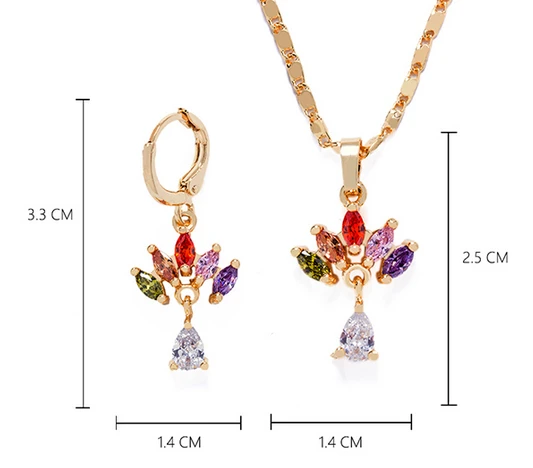 Colorful zircon jewelry set dubai gold plated jewelry, cheap necklace and earrings set manufacturer china