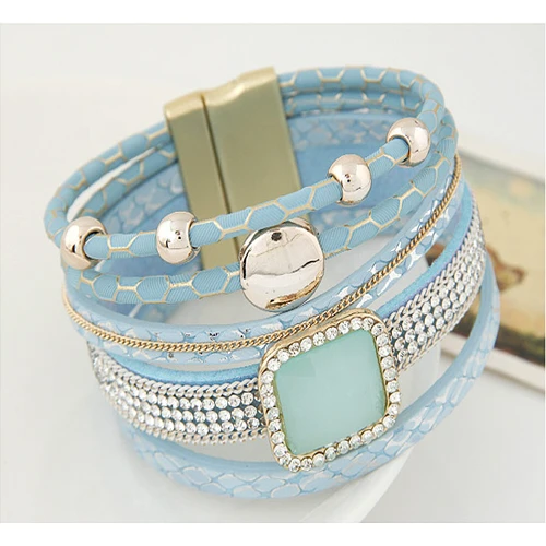 欧美复古趋势多层宝石手链韩国时尚真皮超宽磁铁扣手链批发在线饰品