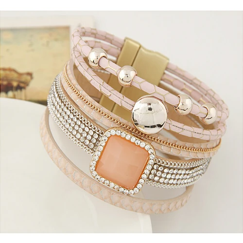 欧美复古趋势多层宝石手链韩国时尚真皮超宽磁铁扣手链批发在线饰品