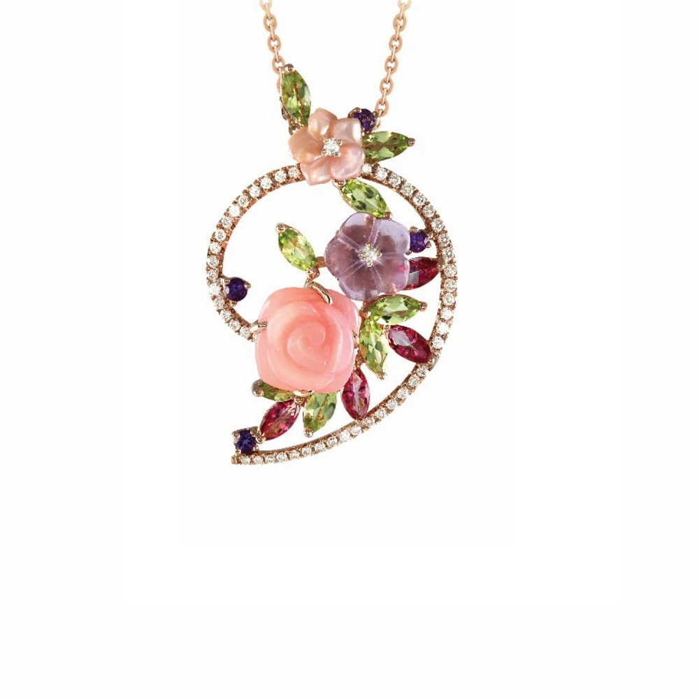 Fashion Heart  Resin Flower Crystal Pendant  Earring Wholesale 18k Gold Plated Jewelry Sets