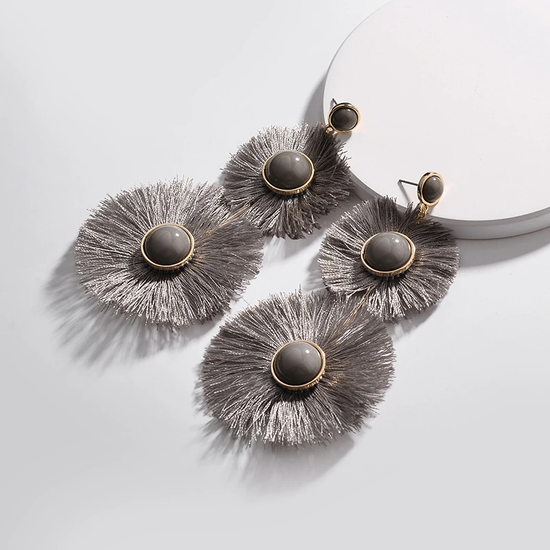 Fashion Long Beaded Fan Tassel Flower Pendant Earring for Women