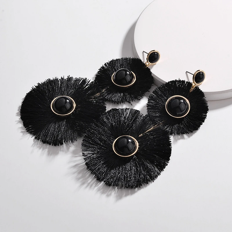 Fashion Long Beaded Fan Tassel Flower Pendant Earring for Women