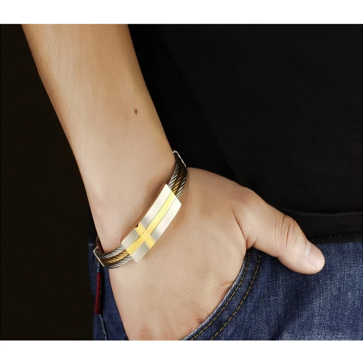 Fashion Men's Stainless Steel Titanium Bracelets Wholesale  Golden Jewelry ,Charm Triple Wire Bangles For Man With Metal Cross Buckle