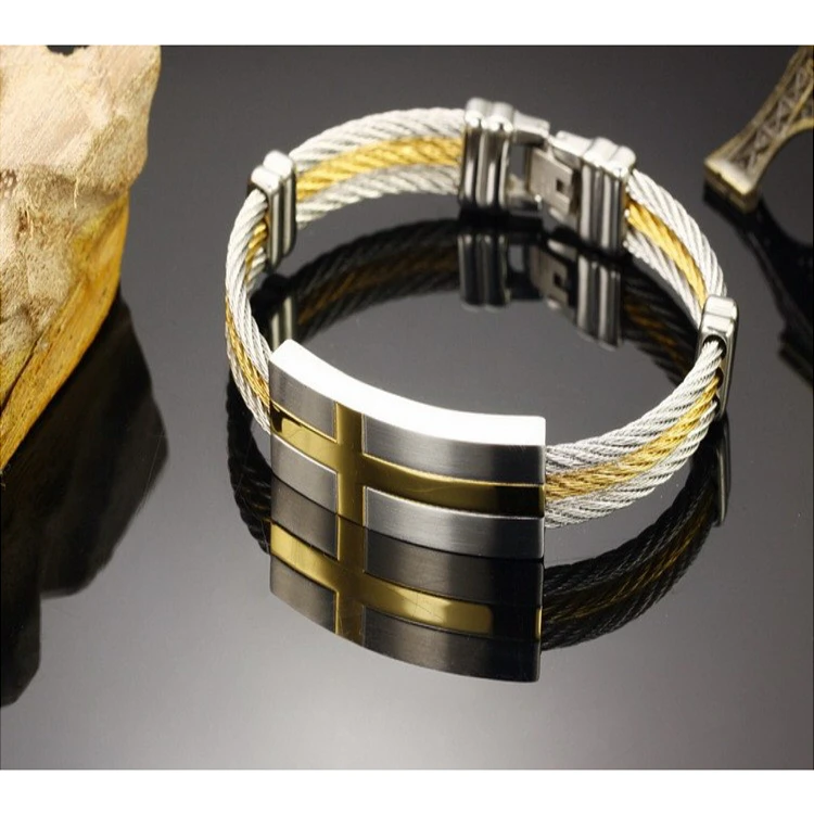 Fashion Men's Stainless Steel Titanium Bracelets Wholesale  Golden Jewelry ,Charm Triple Wire Bangles For Man With Metal Cross Buckle