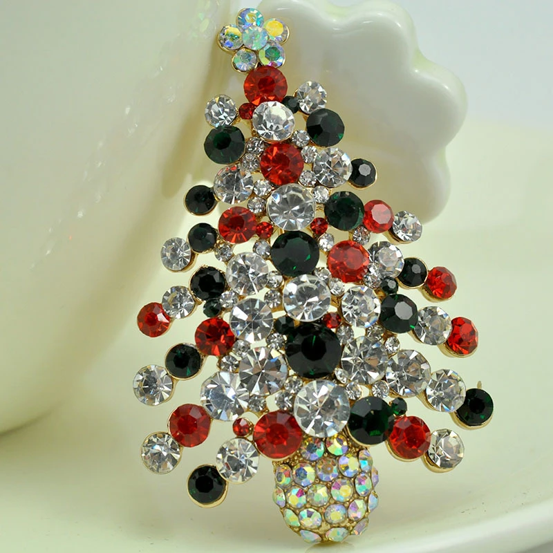 Fashion Zinc Alloy Enameled Colorized Crystal High Christmas Tree Brooches For Christmas Gifts