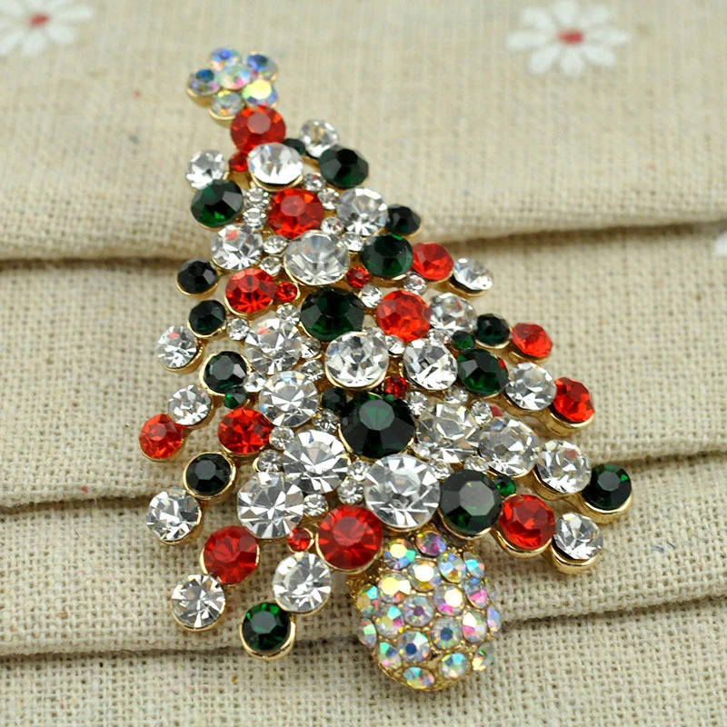 Fashion Zinc Alloy Enameled Colorized Crystal High Christmas Tree Brooches For Christmas Gifts
