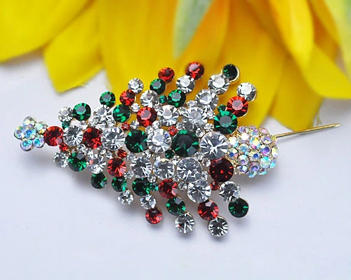 Fashion Zinc Alloy Enameled Colorized Crystal High Christmas Tree Brooches For Christmas Gifts