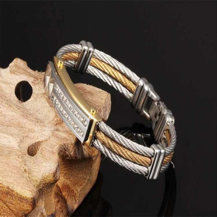Fashion bracelet manufacturer wholesale men's Stainless Steel bangles Titanium jewelry golden, triple wire bangles bracelets for men with rhinestone