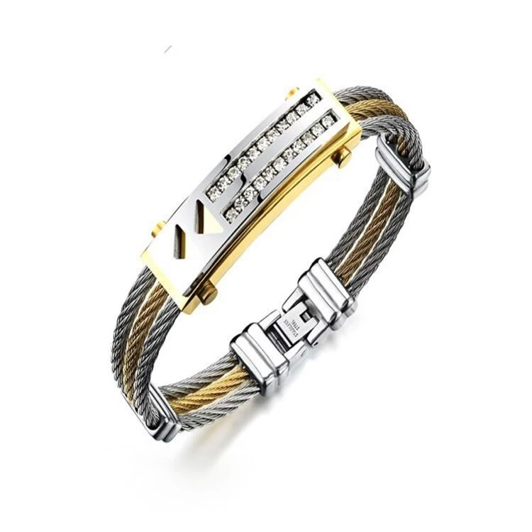 porcelana Pulsera de moda fabricante al por mayor de los hombres de acero inoxidable brazaletes de titanio joyería de oro, brazaletes de alambre triple pulseras para hombres con diamantes de imitación fabricante