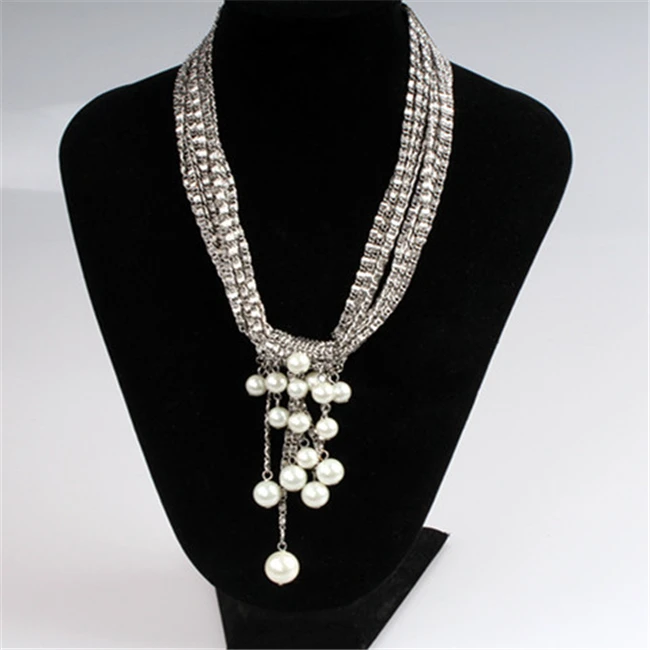 Fashion pearl accessories attractive style gold rhodium plated necklace women multi layer necklace with metal chain