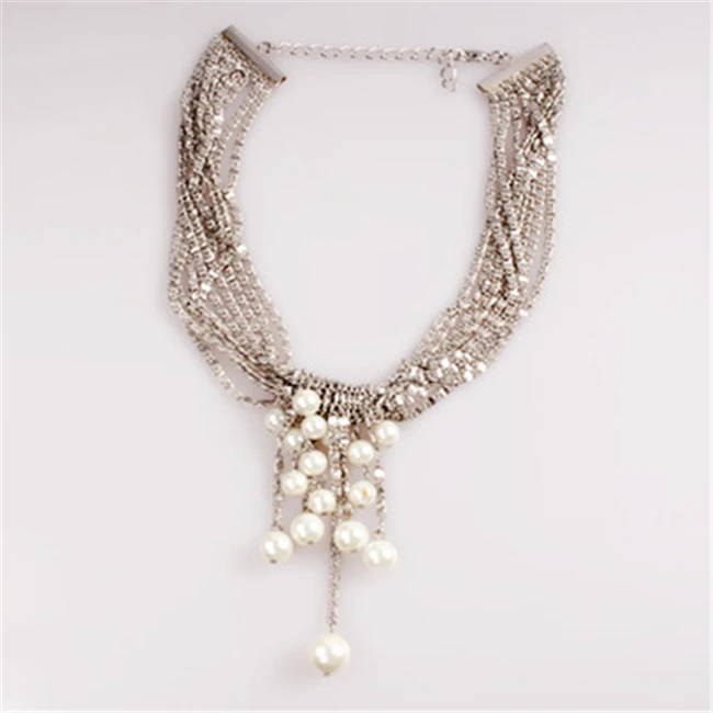 Fashion pearl accessories attractive style gold rhodium plated necklace women multi layer necklace with metal chain