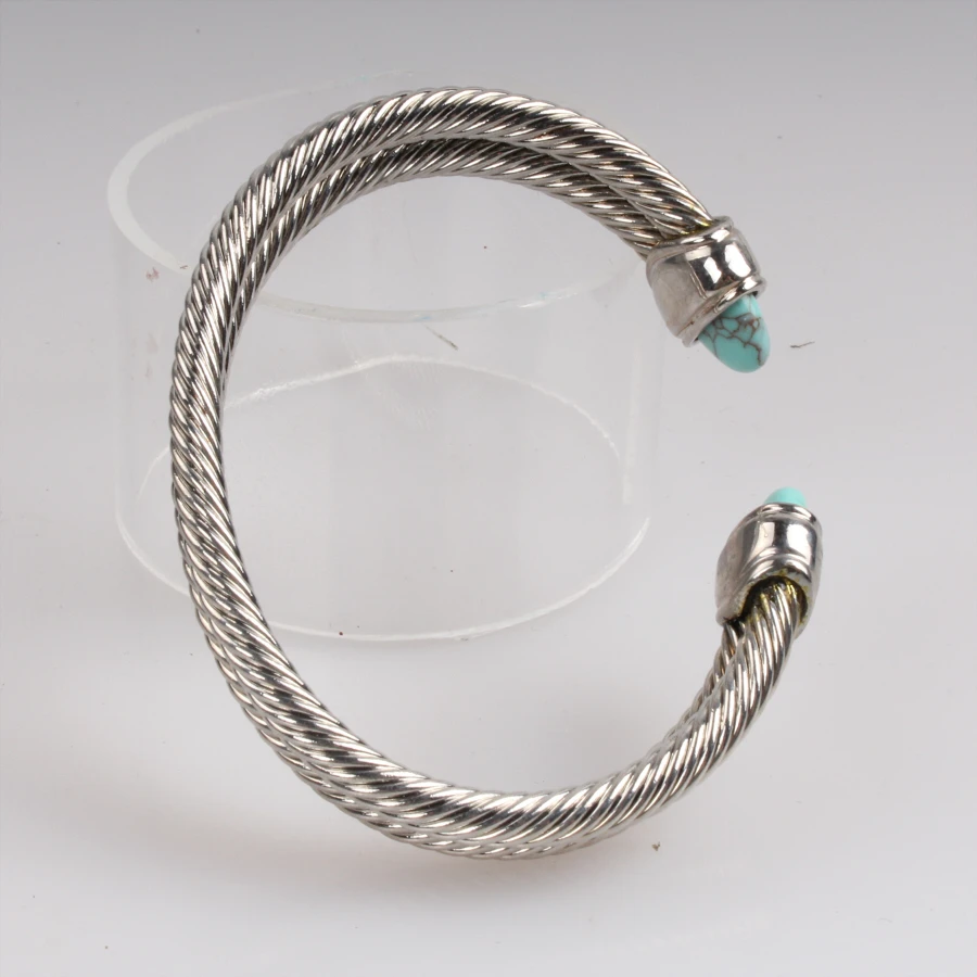 Fashoin trendy women copper textured cuff bangle with turquoise,personalized open wrist bangle bracelet Silver charm bracelet wholesale