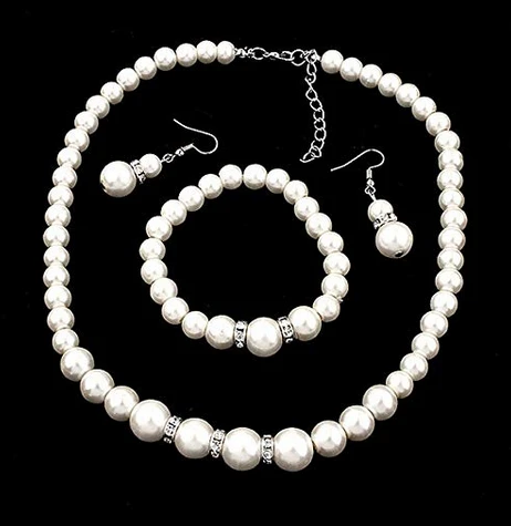 Faux Pearl Crystal Choker Necklace Earring Bracelet Jewelry Set