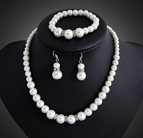 Faux Pearl Crystal Choker Necklace Earring Bracelet Jewelry Set