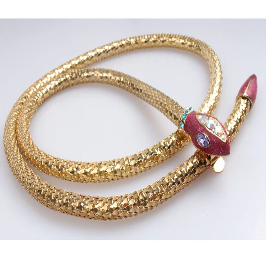Gold elastic fish scale chain metal belt the latest fashion factory outlet large rhinestone snake head belt moroccan