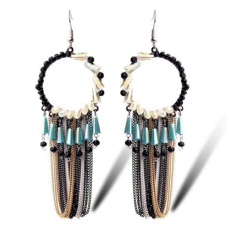 porcelana Handmade Crystal Beads Silver Chain Tassel Earring, Colorful Metal Chains Cluster Earring fabricante