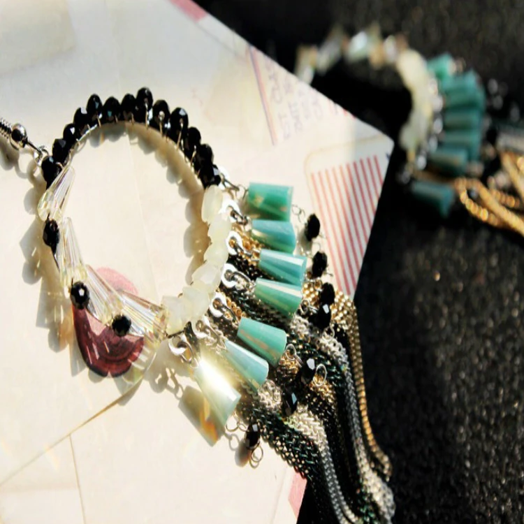 Handmade Crystal Beads Silver Chain Tassel Earring, Colorful Metal Chains Cluster Earring