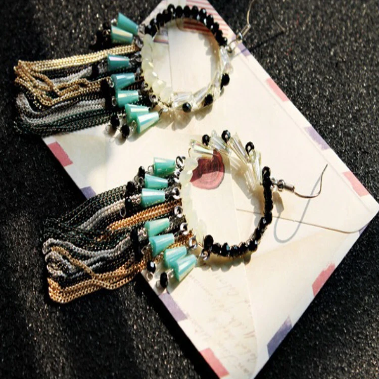 Handmade Crystal Beads Silver Chain Tassel Earring, Colorful Metal Chains Cluster Earring