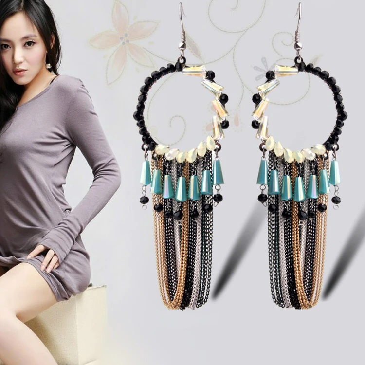 Handmade Crystal Beads Silver Chain Tassel Earring, Colorful Metal Chains Cluster Earring