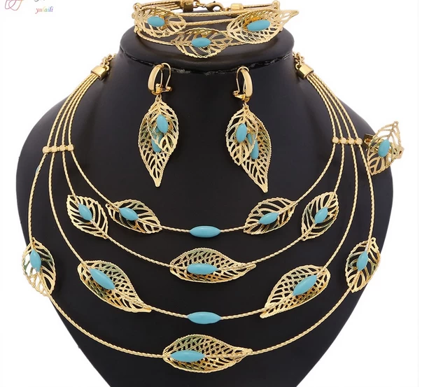 China High Quality Fashion Dubai Gold Leaf Design Green Crystal Jewelry Set Supplier from China manufacturer