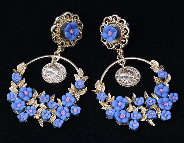 Hot Sale Imitation Jewellery Europe and the United States pastoral wind luxury soft pottery water drops earrings coins beauty head retro flowers earrings