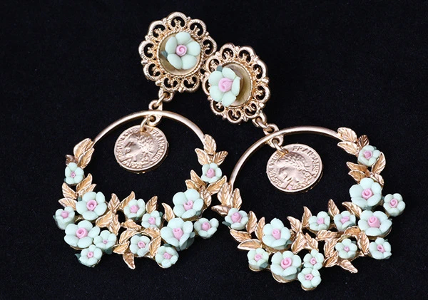 Hot Sale Imitation Jewellery Europe and the United States pastoral wind luxury soft pottery water drops earrings coins beauty head retro flowers earrings