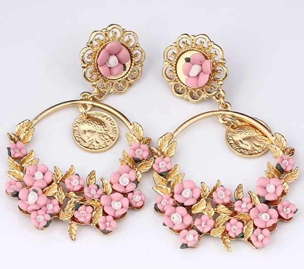 Hot Sale Imitation Jewellery Europe and the United States pastoral wind luxury soft pottery water drops earrings coins beauty head retro flowers earrings